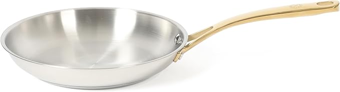Martha Stewart Castelle 9.5-Inch Stainless Steel Frying Pan with Gold-Tone Handle – Tri-Ply Encapsulated Bottom, Oven Safe & Induction Safe Skillet for Searing and Sautéing