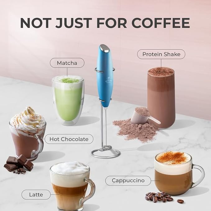 Zulay Kitchen Powerful Milk Frother Wand With 4 AA Duracell Batteries - Ultra Fast Handheld Drink Mixer - Electric Whisk Foam Maker for Coffee, Lattes, Cappuccino, Matcha & Creamer - Metal Blue