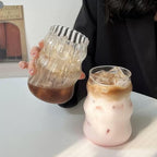 Mixed Drinkware Sets Glass Cups Set of 2 with Glass Straw, 18 Oz Drinking Glassware, Wave Shape Design, Bubble Cups for Iced Coffee, Juice, Beverage, Milk, Cocktails, Tea, Gift for Women Men