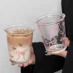 Set of 2 12 OZ French Drinking Glasses Bow Glass Coffee Cup Cute Glass Cups for Iced Coffee,Tea,Juice,Latte,Milk,Dessert,Stackable Glassware Drinkware Set (pink bow)