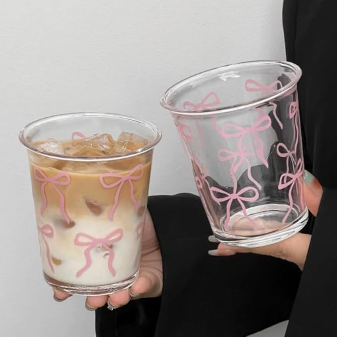 Set of 2 12 OZ French Drinking Glasses Bow Glass Coffee Cup Cute Glass Cups for Iced Coffee,Tea,Juice,Latte,Milk,Dessert,Stackable Glassware Drinkware Set (pink bow)