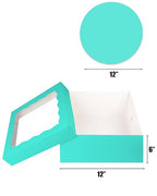 qiqee 12x12x6 Cake Box, 18 Sets Mint Blue Cake Box with Window ＆ 18 Sets 12" Mint Blue Cake Round Boards, 12inch Cake Containers