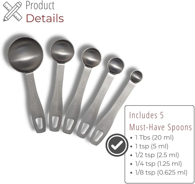 husMait Stainless Steel Measuring Spoons - 5 Piece Heavy Duty Measuring Spoon Set for Dry Food, Spices or Liquids