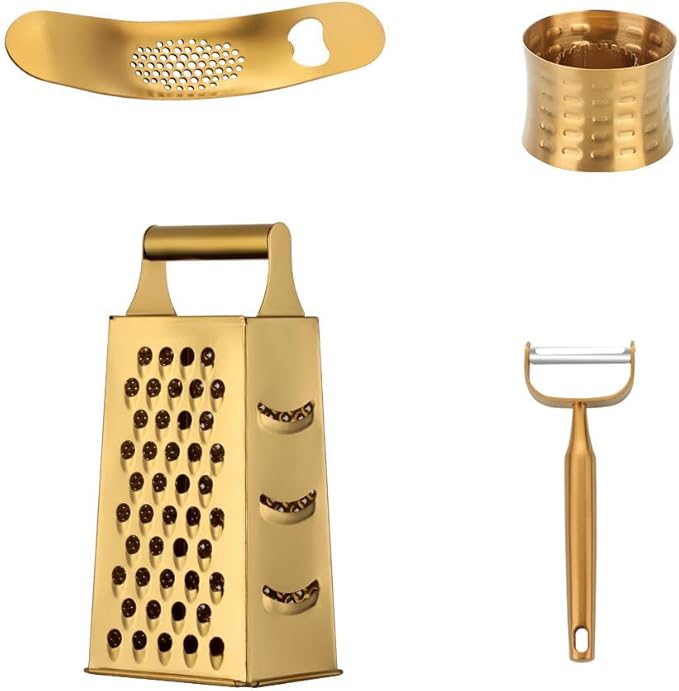 MINGYU Professional Kitchen Accessories 4pcs - Gold Box Grater 4 Sides, Garlic Press Stainless Steel, Potato & Apple Peeler, Stainless Steel Corn Peeler, Best For Vegetables & Fruits