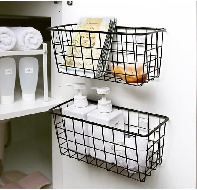 Hanging Kitchen Baskets Adhesive Sturdy Wire Storage Baskets with Kitchen Food Pantry Bathroom Shelf Storage No Drilling Wall Mounted,Black,4 Pack