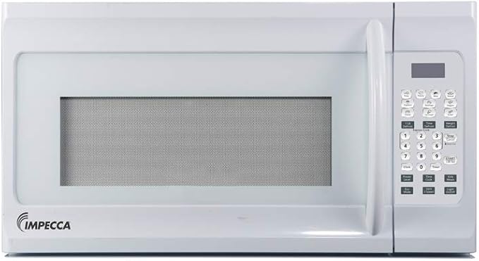 Impecca 1.6 cu. ft. Over-the-Range 30” Microwave Oven 1000 Watts, with Surface Light, 2 Speed Vent System, Touchpad Controls, Digital Clock, Timer, LED Display and Child Lock, White