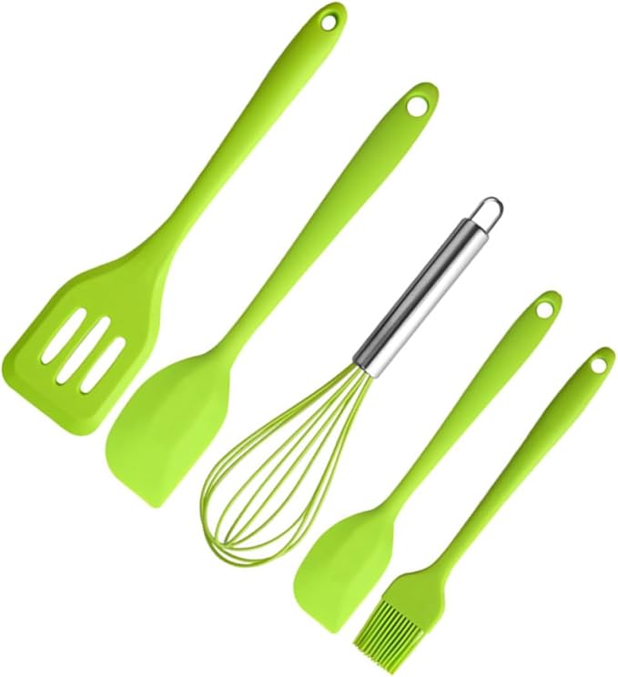 VICASKY 5pcs Silicone Kitchen Utensil Set with Spatula, Whisk, and Scraper, Heat Resistant Nonstick Cooking Gadgets for Baking and Food Preparation, Green