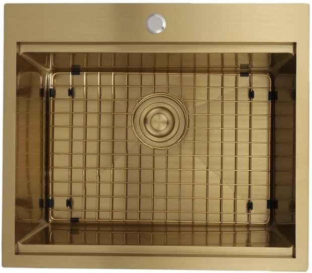 STARSTAR Workstation Ledge Topmount/Drop-in Single Bowl Satin Matte Stainless Steel Kitchen/Yard/Bar/Laundry/Office Sink, With Grid, Colander, Cutting Board, Strainer (25x22x10 Gold)