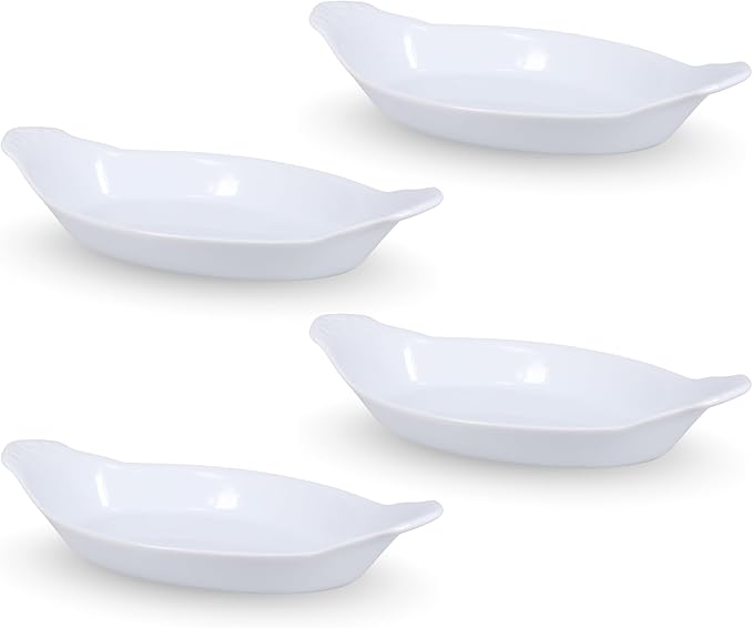 BIA Cordon Bleu Oval Au Gratin, Set of 4-10oz White Porcelain Ramekins with Glossy Finish - Microwave, Oven & Dishwasher Safe Small Baking Dishes for Appetizers, Sides & Gifting - 10" x 5.25"