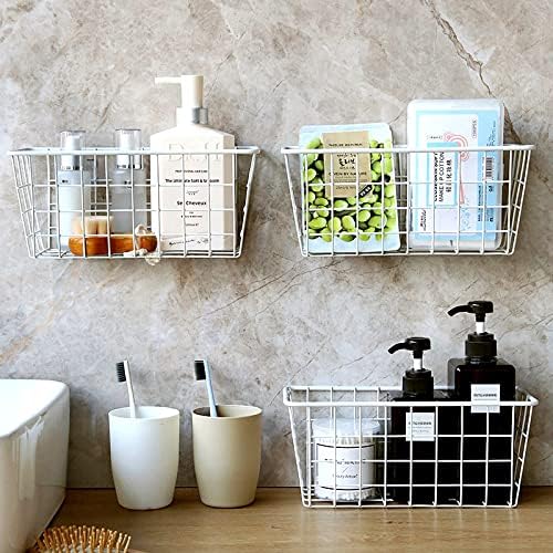 Hanging Kitchen Baskets Adhesive Sturdy Wire Storage Baskets with Kitchen Food Pantry Bathroom Shelf Storage No Drilling Wall Mounted,White,4 Pack