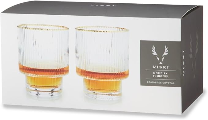 Viski Meridian Lowball Glasses Set of 2 - Premium Crystal Clear Vintage Drinking Tumblers for Whiskey, Scotch & Bourbon in Art Deco Ripple Glassware Design, Gold Rimmed Glassware Gift Set, 10.5 oz