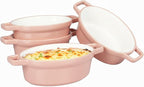 Oval Au Gratin Baking Dishes 6" x 5" for Oven Safe Cooking and Baking, Set of 4, 15 OZ Heat Resistant Ceramic Individual Gratin with Handles for Serving, Small Mini Casserole Dish, Pink