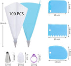 Piping Bags and Tips Set, 100Pcs 12 Inch Pastry Bags, Icing Bags Disposable for Cakes Decorating Kit Supplies with 1 Reusable Piping Bags, 1 Couplers, 12 Frosting Tips, 2 Bag Ties, 3 Cake Scraper