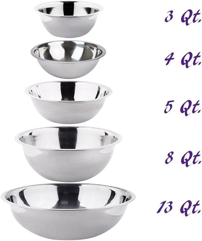 (Set of 5) Stainless Steel Mixing Bowls Set 3-4-5-8-13 Quart Polished Mirror Finish Nesting Flat Base Bowls Commercial Mixing Bowls Prep Bowls