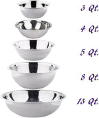 (Set of 5) Stainless Steel Mixing Bowls Set 3-4-5-8-13 Quart Polished Mirror Finish Nesting Flat Base Bowls Commercial Mixing Bowls Prep Bowls