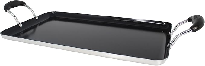 IMUSA 19x12in Aluminum Black Ceramic Double Burner Griddle with Cool-Touch Handles, Nonstick Flat Grill Pan for Pancakes, Eggs, Bacon, and More, Black