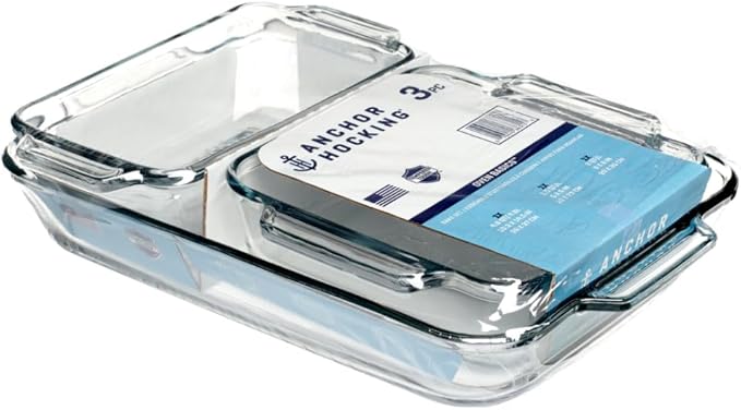 Anchor Hocking Glass Baking Dishes for Oven, 3 Piece Set (3 Qt Glass Casserole Dish, Cake Pan, and Bread Pan)