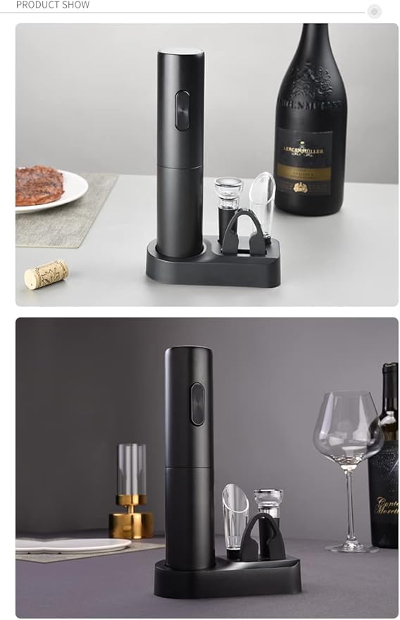 Black Electric Wine Bottle Opener Set 5-in-1 Wine Tool (Electric Bottle Opener+Pourer+Vacuum Stopper+Tin Cutting Knife+Storage Base) Wine Enthusiast Gift Essential for Home Bars