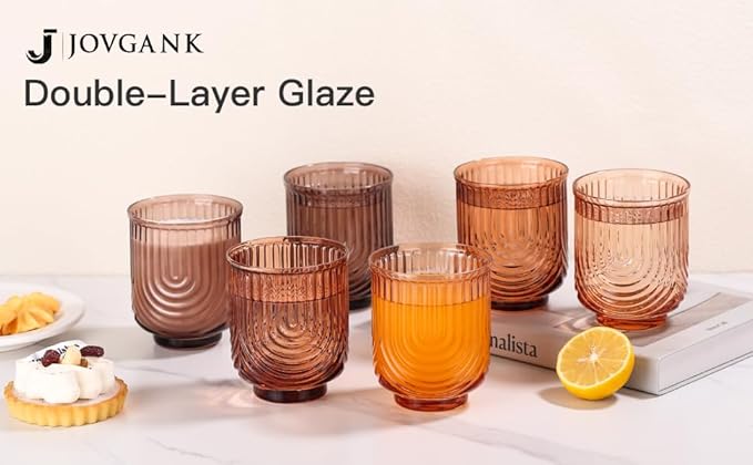 JOVGANK Amber Vintage Drinking Glasses Set of 6-14Oz Brown Glass Drinking Glasses, Art Deco Ripple Highball Glass, Whiskey Cocktail Glasses for Bar Coffee Juice, Housewarming and Mother's Day Gift