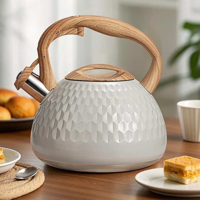 Tea Kettle, 2.7 Quart with Wood Pattern Handle Loud Whistle Food Grade Stainless Steel Teapot, Anti-Hot Handle and Anti-Rust, Suitable for All Heat Sources
