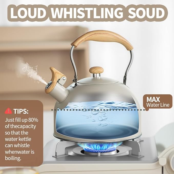 Stove Top Kettle, 2.5 Quart Whistling Kettle for Gas Hob with Wood Pattern Handle Loud Whistle Food Grade Stainless Steel, Anti-Hot Handle and Anti-Rust, Suitable for All Heat Sources