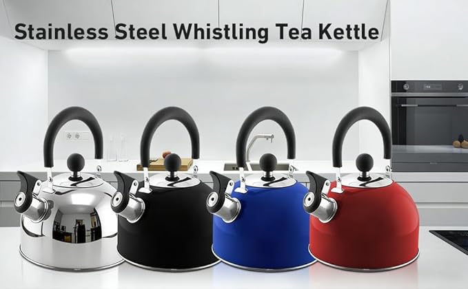 Lily's Home 2 Quart Stainless Steel Whistling Tea Kettle, the Perfect Stovetop Tea and Water Boilers for Your Home, Dorm, Condo or Apartment. (Blue)