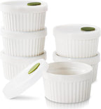 DOWAN Ramekins with lids 6 oz, Creme Brulee Ramiken Oven Safe, Ceramic Baking Bowls Souffle Dishes, Custard Cups Charcuterie Boards Bowls Dipping Sauces, Set of 6, White