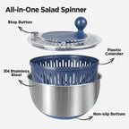 Stainless Steel Salad Spinner, 5.3 Qt Lettuce Spinner with Non-Slip Base, Drain and Stop Button, Fruit and Vegetable Washer and Dryer Spinner