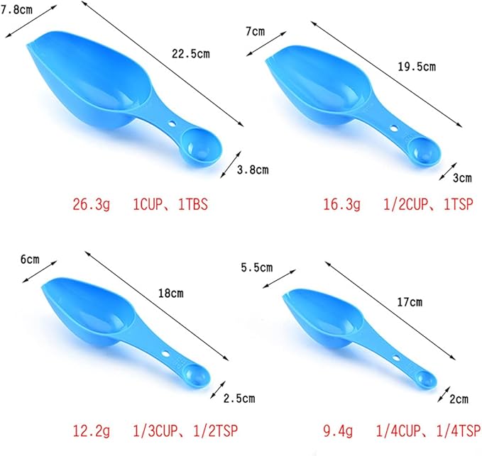 Double Ended Plastic Measuring Scoops & Spoons Set of 4 - Kitchen Scoops for Ice Flour Powder Spice Pet Food - Measuring Tools Great for Dry and Liquid Ingredients (Pink)