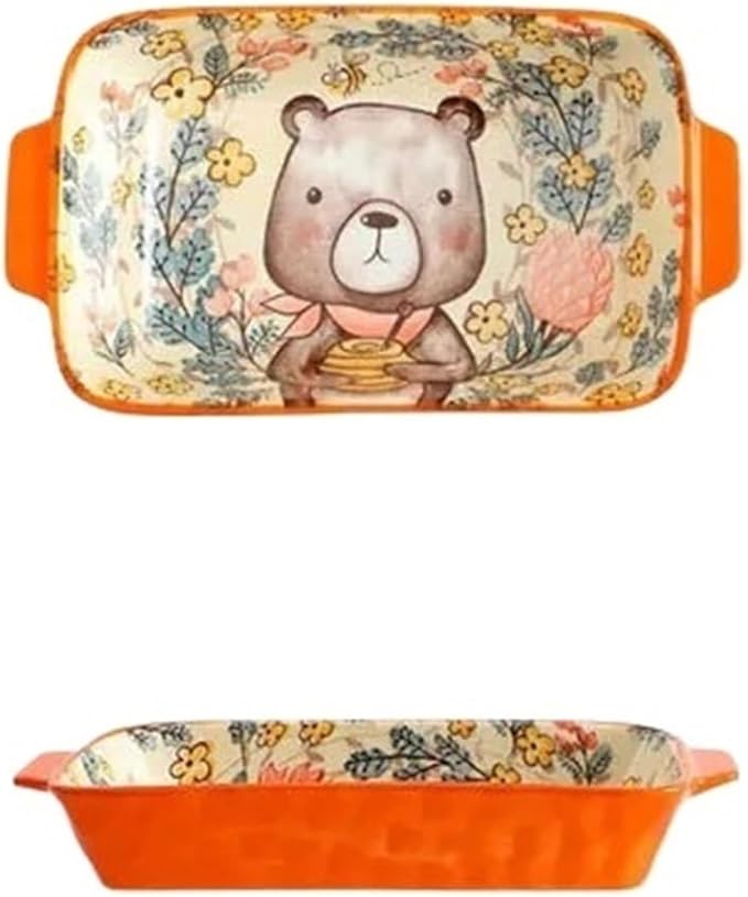 Ceramic Baking Pan, Forest Animals Pattern Tableware With Handle Salad Bowl Au Gratin Dish(Bear rectangular)