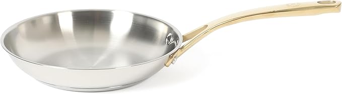 Martha Stewart Castelle 8-Inch Stainless Steel Frying Pan with Gold-Tone Handle – Tri-Ply Encapsulated Bottom, Oven Safe & Induction Safe Skillet for Searing and Sautéing