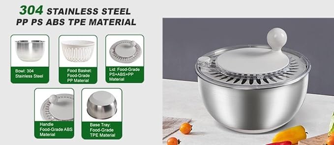 Stainless Steel Salad Spinner, 5L Capacity Vegetable Washer, Lettuce Dryer with Non-Slip Base and Stop Button, 9.65 Inch Diameter Salad Bowl Fruit Washer