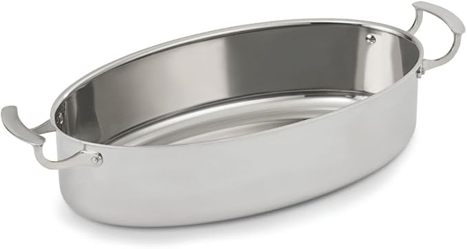Vollrath Miramar 7 3/10 qt Oval Tri-Ply Stainless Steel Au Gratin Pan - 16"L x 9"W x 4"H