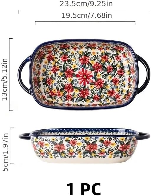 Ceramic Baking Casserole Dish with Handles,Elegant Floral Design Rectangular Lasagna Pan Bakeware for Baking Cooking, Roasting, Broiling, Gratin
