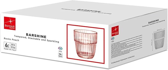 Bormioli Rocco Barshine 10.38 oz. Rocks Stackable Tempered Drinking Glasses, Set of 6, Peach