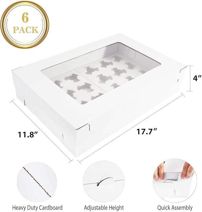 6 Pack Cupcake Boxes with Window for 24 Standard or Mini Cupcakes Corrugated Adjustable Height Bakery Box for Cake,Cookies,Donuts,Muffins&Other Pastries（17.7x11.8x4 Inch）