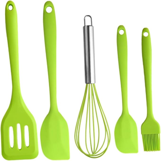 5pcs Kitchen Silicone Utensil Set Green Nonstick Baking Tools with Egg Whisk and Spatula Food-grade Silicone Cooking Gadgets for Mixing Scraping and Stirring