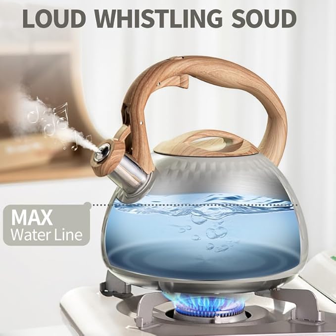 Tea Kettle, 2.7 Quart with Wood Pattern Handle Loud Whistle Food Grade Stainless Steel Teapot, Anti-Hot Handle and Anti-Rust, Suitable for All Heat Sources