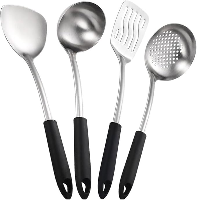 Kitchen Utensils Set，Cooking Utensils 4 Pieces Sets Spoons for Cooking Spatulas Stainless Steel Cooking Utensils Spatulas Spoons Kitchen Tools Gadgets(Black)