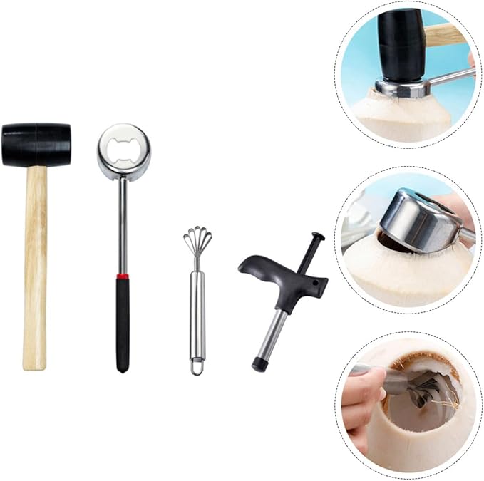 NUOBESTY Coconut Shell Opener Set 4pcs Stainless Steel Household Coconut Scraper Shredder with Drill Tool for Home Kitchen Cooking