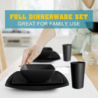 Teivio 16-piece Plastic Wheat Straw Square Dinnerware Set for 4, Unbreakable Dinner Plates, Salad Plates, Snack Bowls, Tumblers 13.5 oz, Dishwasher Safe, Kitchen Outdoor Camping,Black