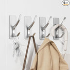 pickpiff Silver Self Adhesive Coat Hooks for Hanging: 13LB Extra Strong Stainless Wall Hook for Towel, Utensil, Backpack, Hat, Sturdy Metal Hanger for Bathroom, Kitchen, Door, 4-Pack