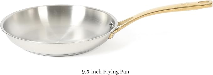 Martha Stewart Castelle 9.5-Inch Stainless Steel Frying Pan with Gold-Tone Handle – Tri-Ply Encapsulated Bottom, Oven Safe & Induction Safe Skillet for Searing and Sautéing