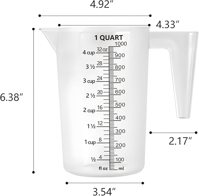 Plastic Measuring Cup with Handle, Pool Chemical Measuring Cup, Plastic Measuring Pitcher for Liquid Mixing, Pouring, Lawn Care, Pet Food, Motor Oil, Laboratory and More (32, Fluid Ounces, 1000ml)