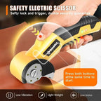 Cordless Electric Scissors，Cardboard Cutter Heavy Duty Scissor with 3 Blade, Safety Lock & Extra Blade，Rotary Cutter for Cardboard Fabric Plastic Leather Yellow