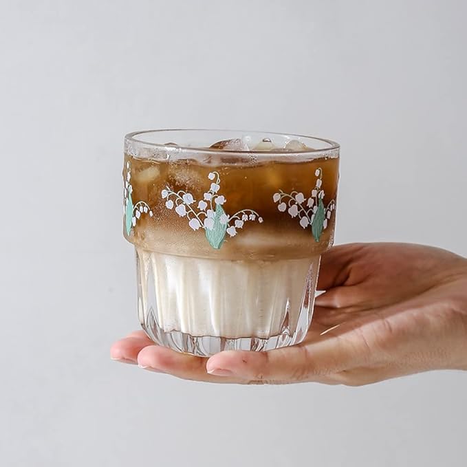 Set of 2 Floral Drinking Glasses Flower Glass Coffee Cups Cute Lily of the Valley Glass Cups for Juice,Iced Coffee,Milk,Tea,Dessert,Latte,Stackable Flower Glassware Drinkware Set(green)