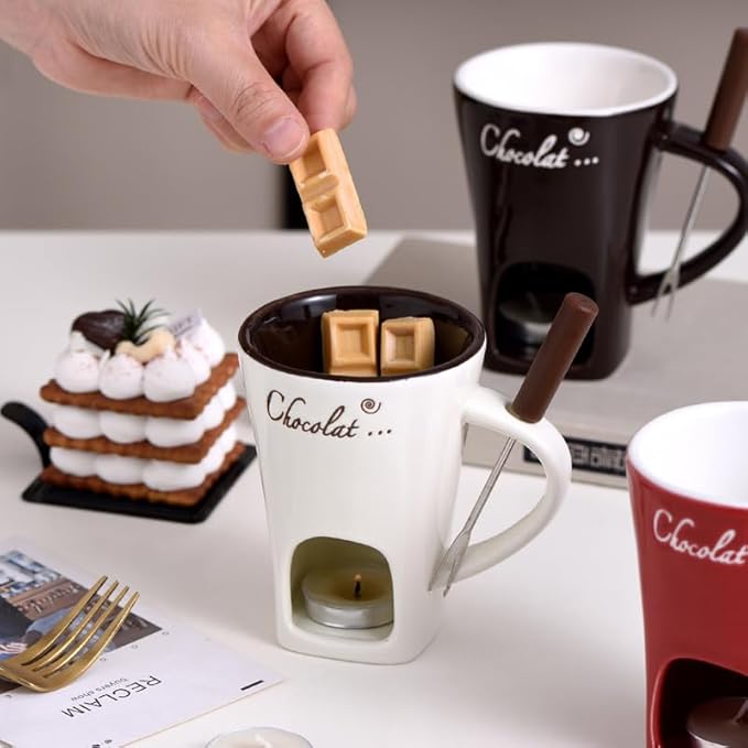 Chocolate Melting Mug With Candle, Ceramic Fondue Mug Meltie Cup, Melting Love Cup, Ideal Gifts For Christmas, Birthday, Wedding (White+Brown)