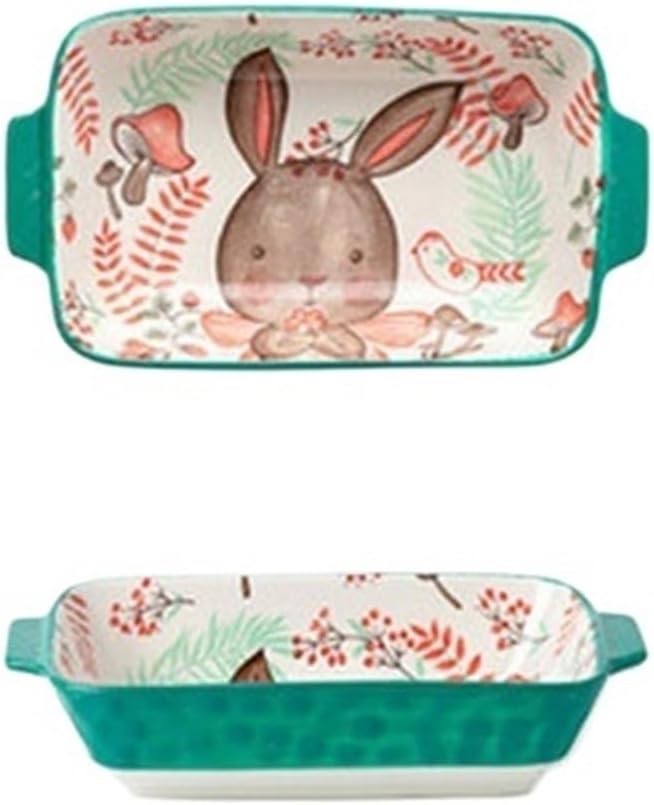 Ceramic Baking Pan, Forest Animals Pattern Tableware With Handle Salad Bowl Au Gratin Dish(Rabbit B rectangular)