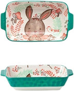Ceramic Baking Pan, Forest Animals Pattern Tableware With Handle Salad Bowl Au Gratin Dish(Rabbit B rectangular)