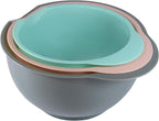 Set of 3 Mixing Bowls with Pour Spout-Nesting Design Saves Space - Non-Slip, BPA Free, Dishwasher Safe Plastic - Kitchen Cooking and Baking Supplies (Green Pink Grey)
